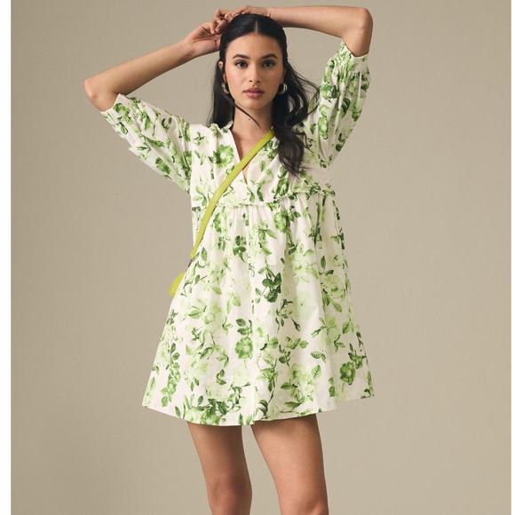 ANTHROPOLOGIE x MAEVE V-Neck Tunic Babydoll Dress Green Floral {3J35}